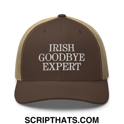 Irish Goodbye Expert Embroidered Mesh Trucker Hat Brown Khaki