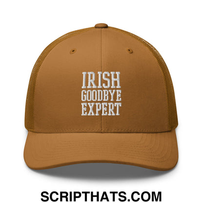 Irish Goodbye Expert Embroidered Mesh Trucker Hat Caramel