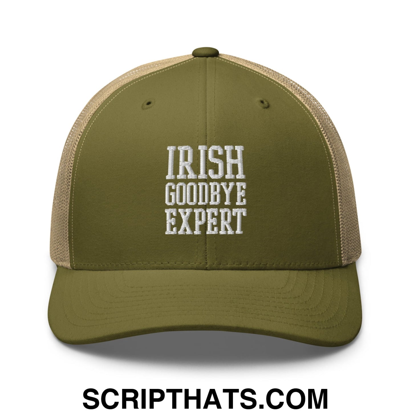 Irish Goodbye Expert Embroidered Mesh Trucker Hat Moss Khaki