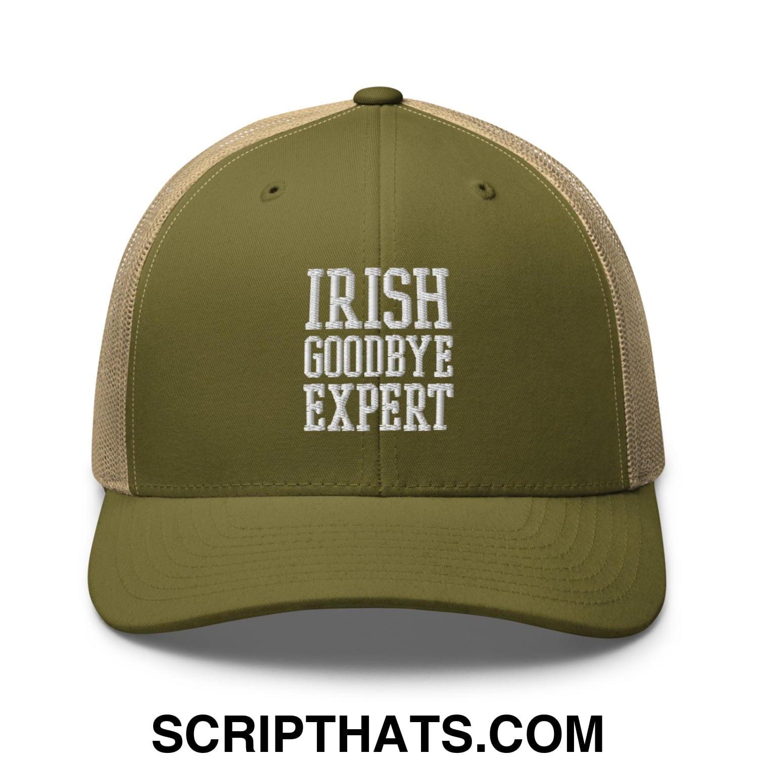 Irish Goodbye Expert Embroidered Mesh Trucker Hat Moss Khaki