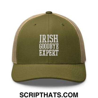 Irish Goodbye Expert Embroidered Mesh Trucker Hat Moss Khaki