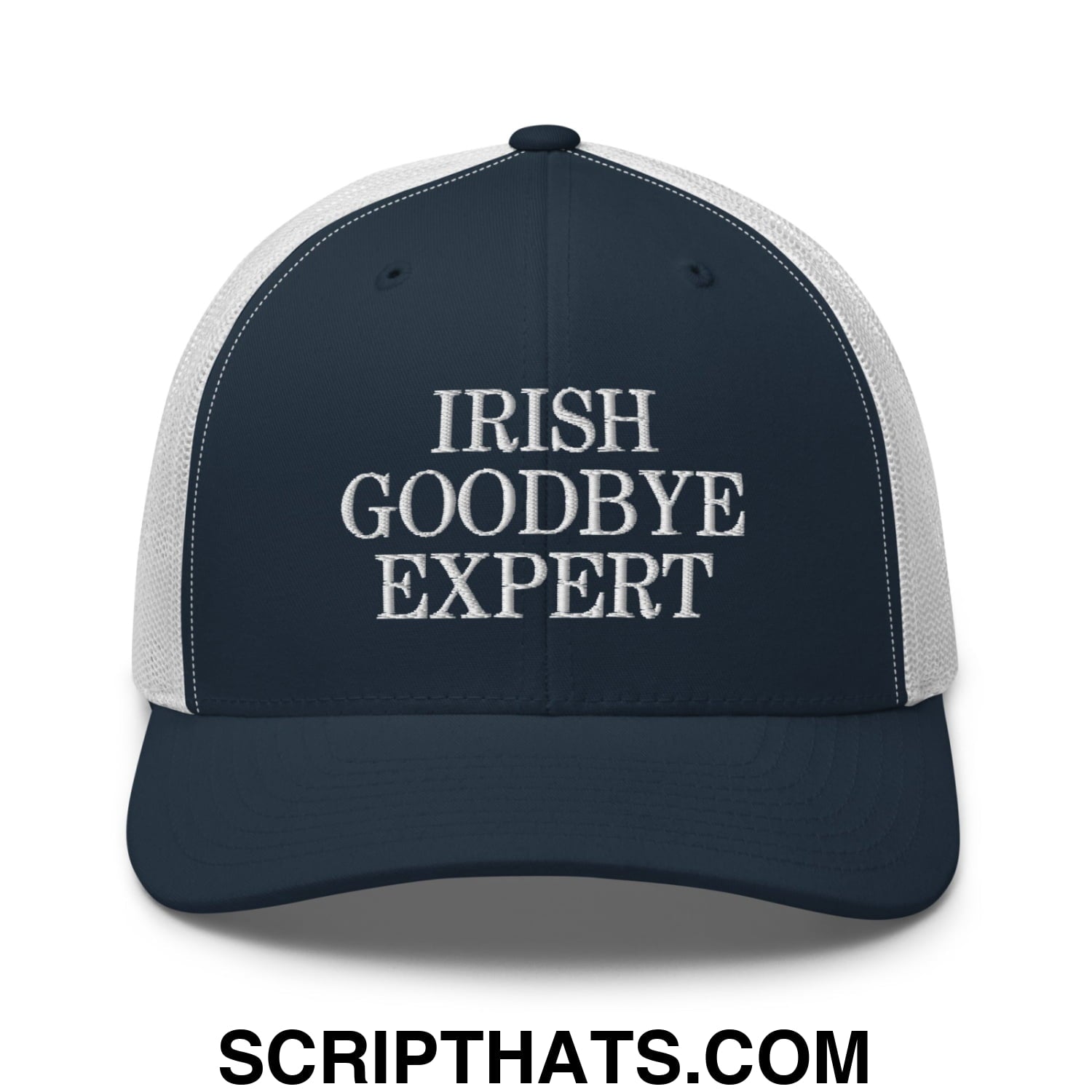 Irish Goodbye Expert Embroidered Mesh Trucker Hat Navy White