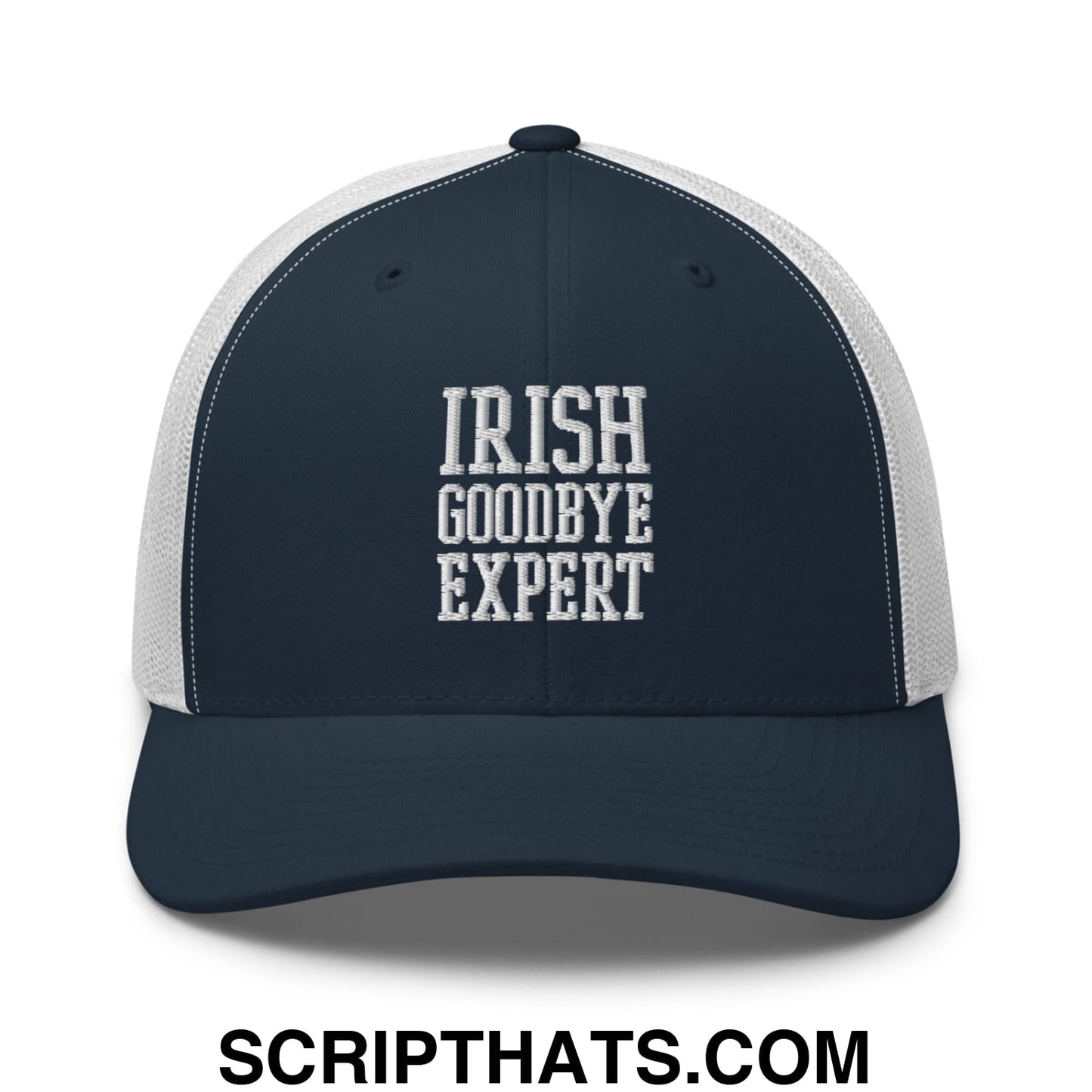 Irish Goodbye Expert Embroidered Mesh Trucker Hat Navy White