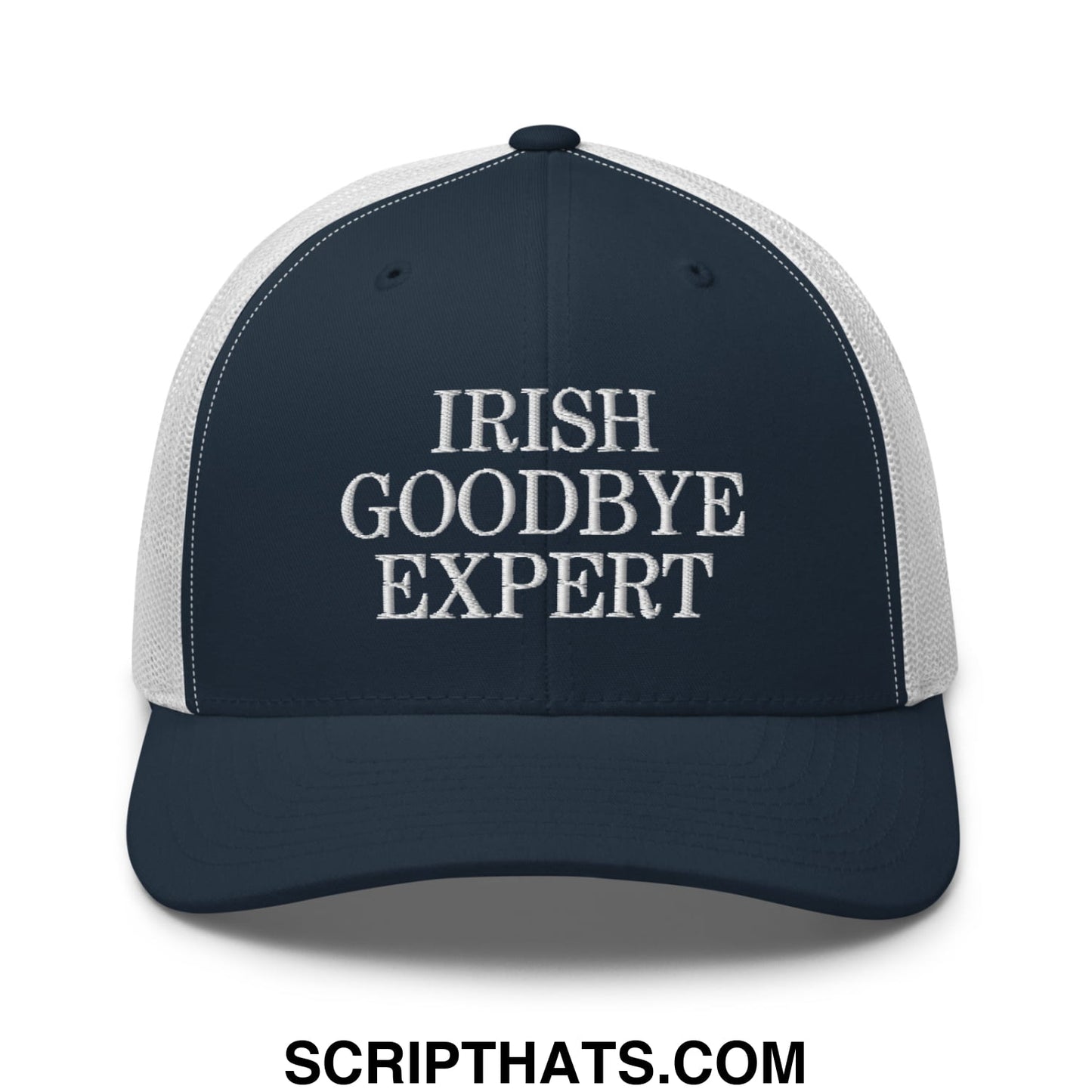 Navy blue and white mesh trucker hat with irish goodbye expert embroidered in silver thread on the front panel