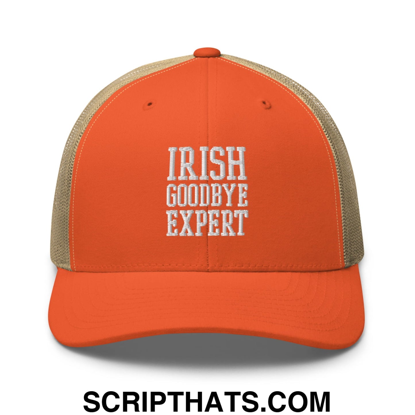 Irish Goodbye Expert Embroidered Mesh Trucker Hat Rustic Orange Khaki