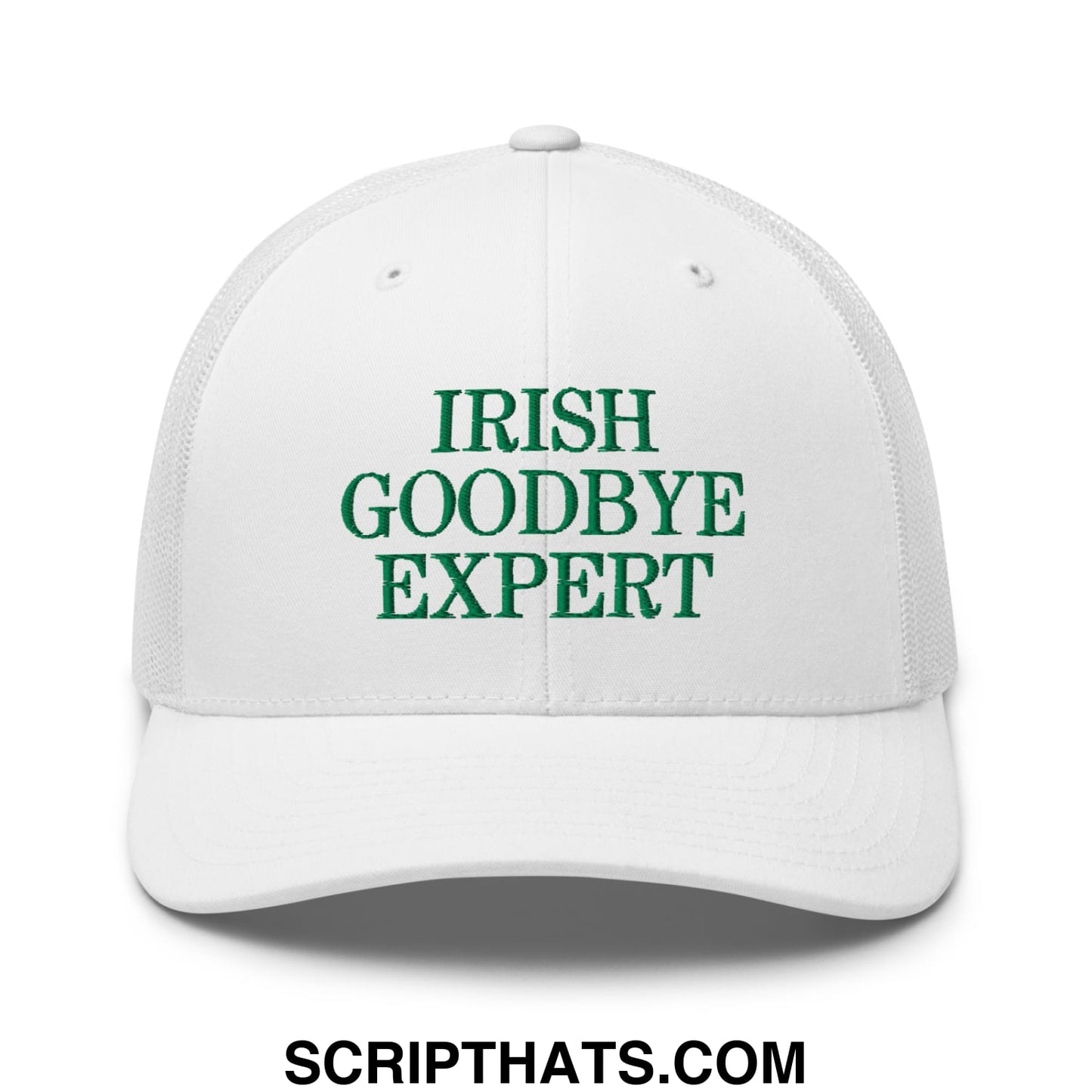 White mesh trucker hat with green embroidered irish goodbye expert text for casual wear