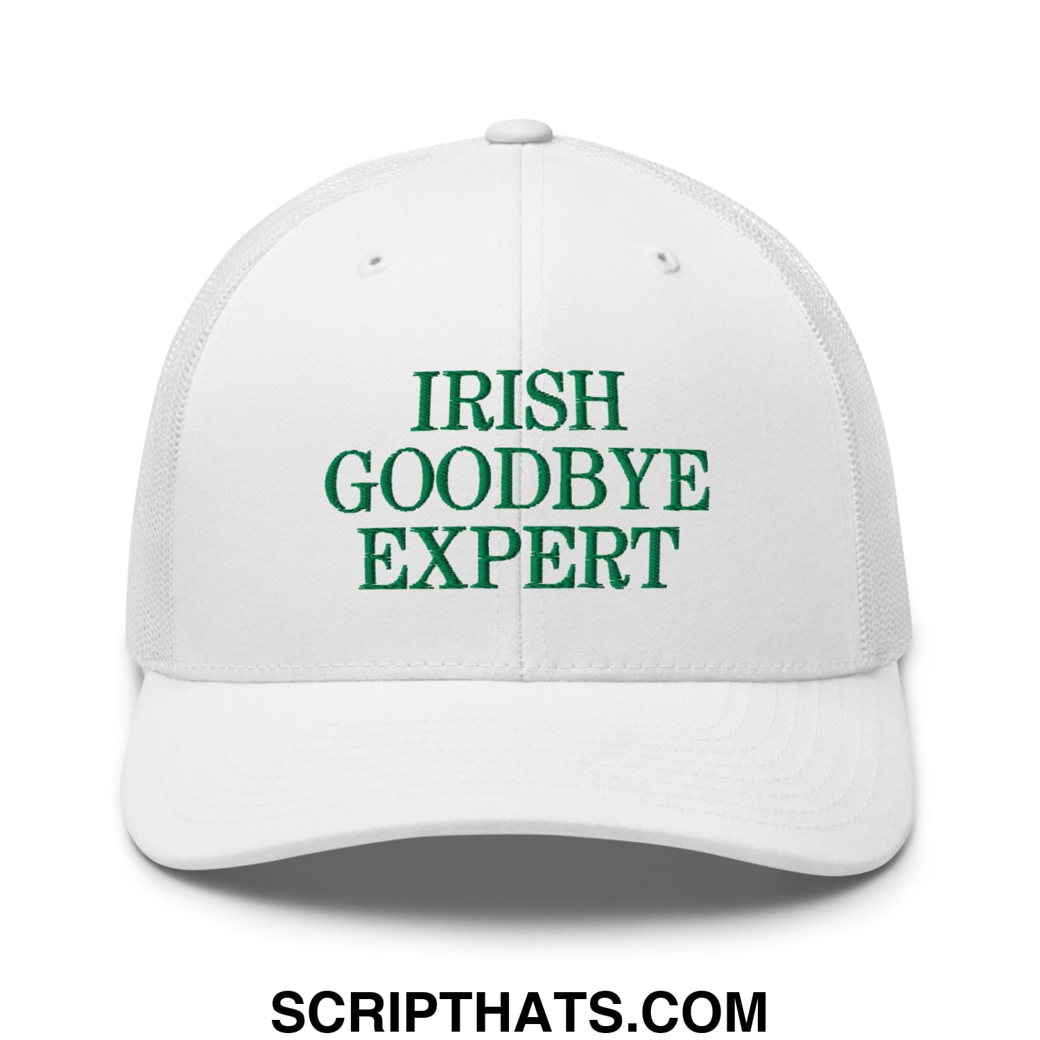 White mesh trucker hat with green embroidered irish goodbye expert text for casual wear