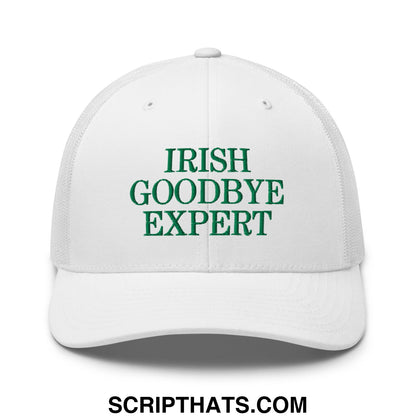 White mesh trucker hat with green embroidered irish goodbye expert text for casual wear
