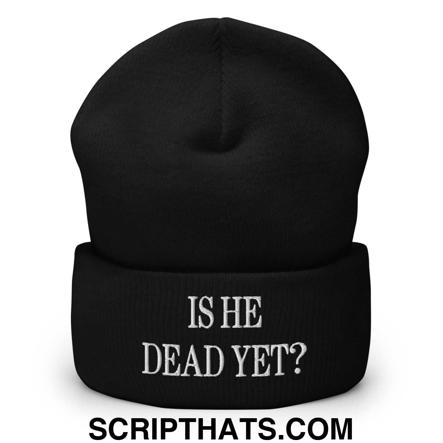 Is He Dead Yet? Embroidered Cuffed Knit Beanie Black