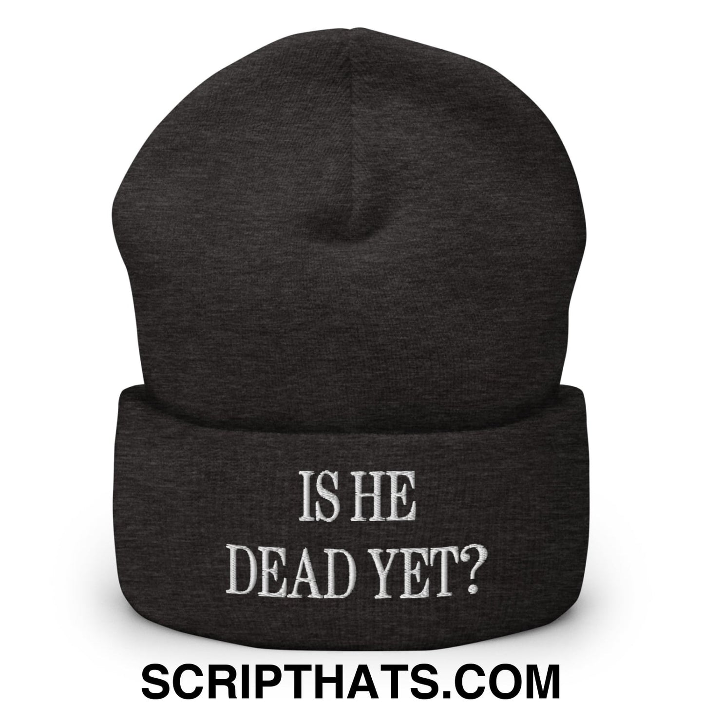 Is He Dead Yet? Embroidered Cuffed Knit Beanie Dark Grey