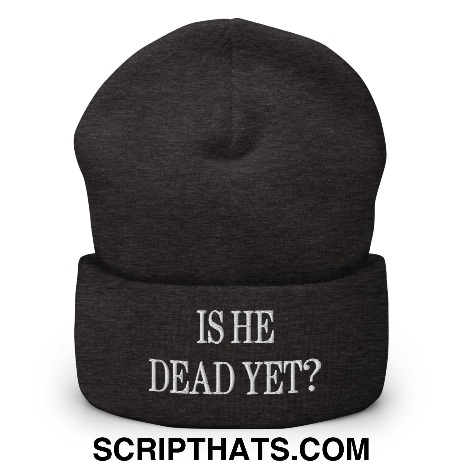Is He Dead Yet? Embroidered Cuffed Knit Beanie Dark Grey