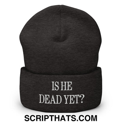 Is He Dead Yet? Embroidered Cuffed Knit Beanie Dark Grey