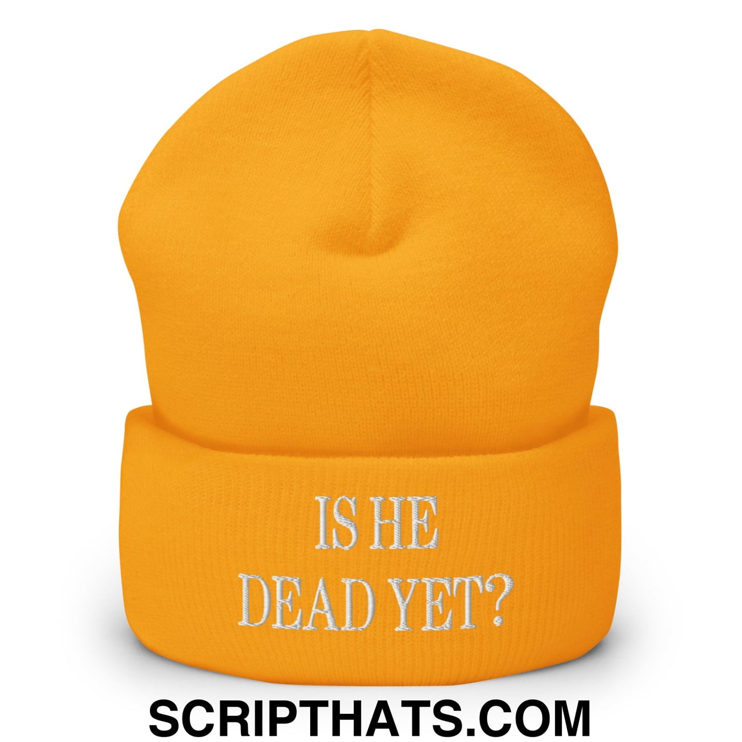 Is He Dead Yet? Embroidered Cuffed Knit Beanie Gold