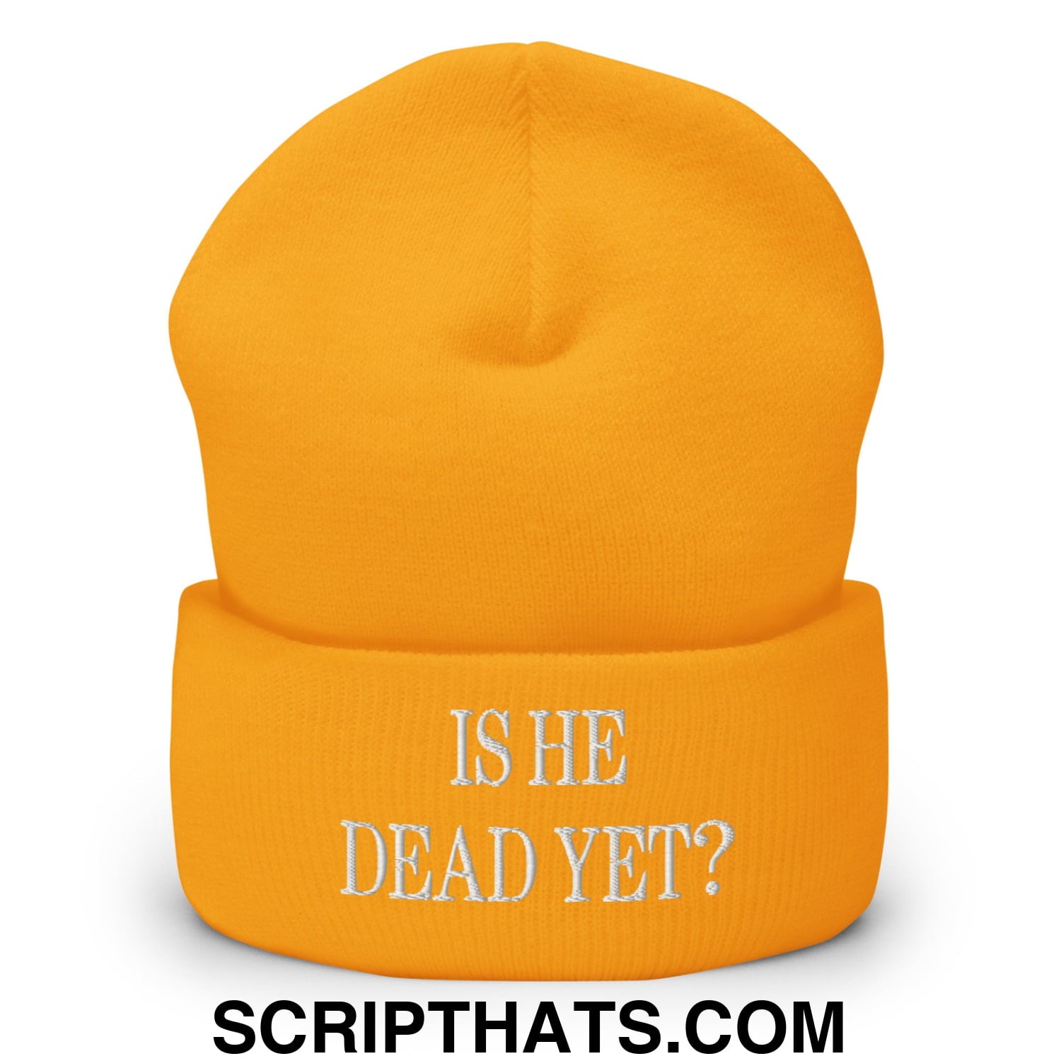 Is He Dead Yet? Embroidered Cuffed Knit Beanie Gold