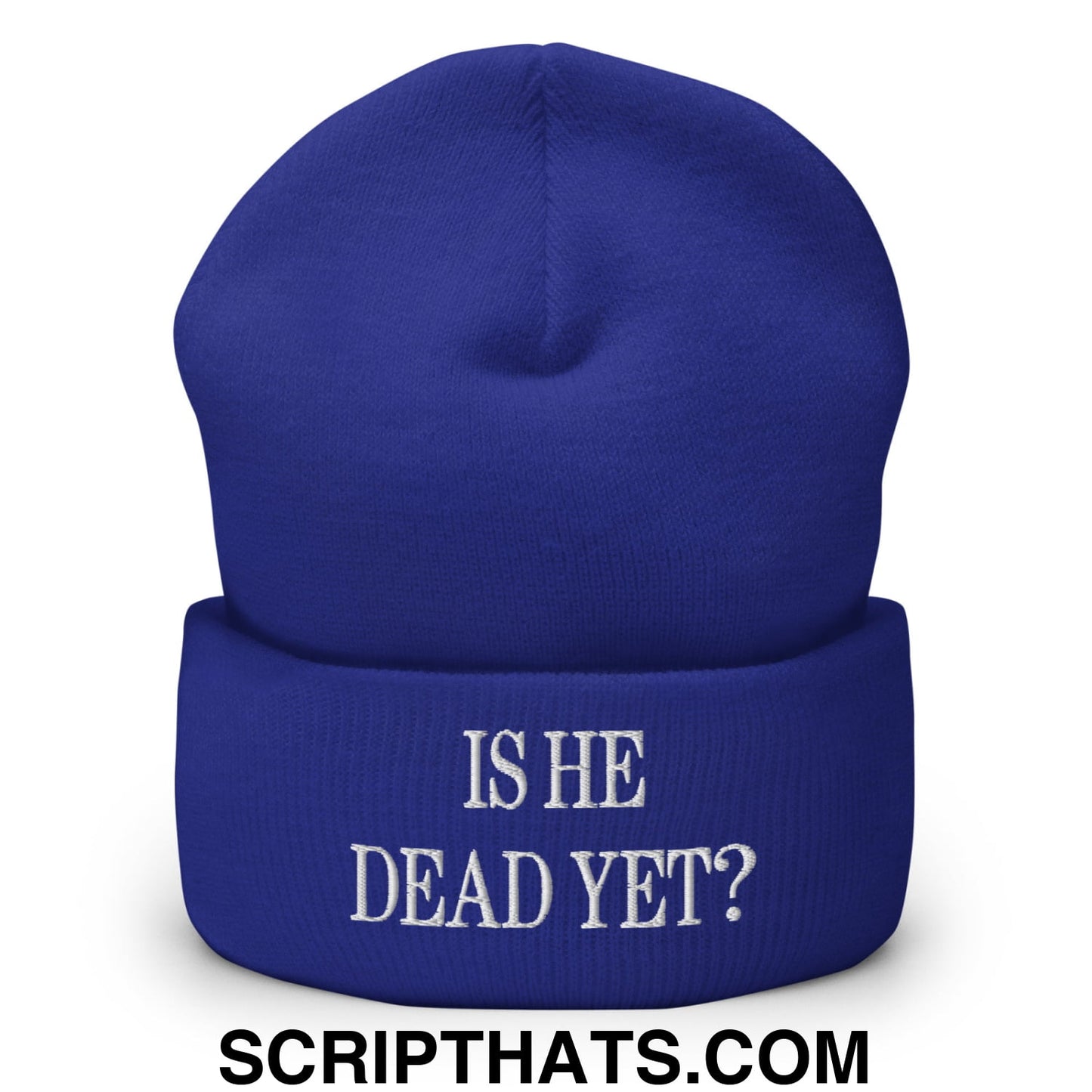 Is He Dead Yet? Embroidered Cuffed Knit Beanie Royal