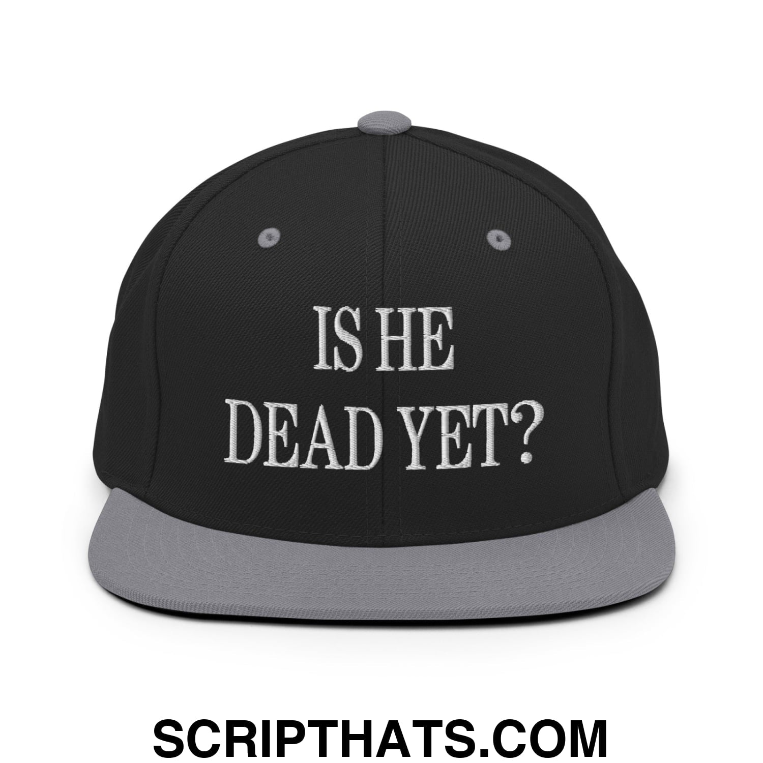 Is He Dead Yet? Embroidered Flat Brim Bill Snapback Hat Black Silver