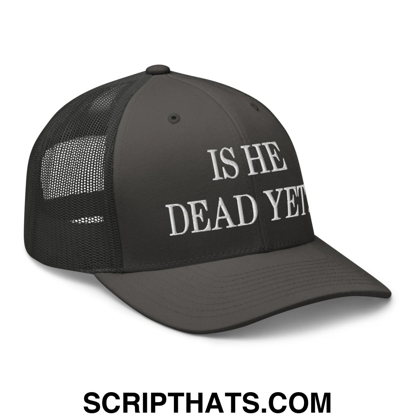 Is He Dead Yet? Embroidered Mesh Trucker Hat Charcoal