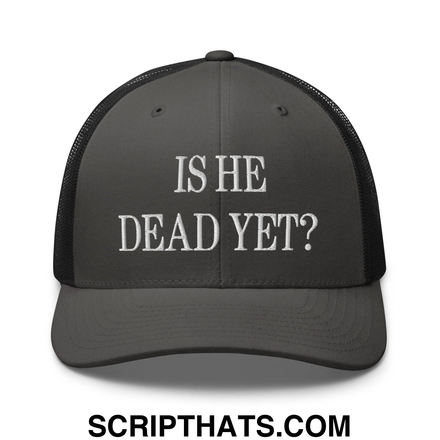 Is He Dead Yet? Embroidered Mesh Trucker Hat Charcoal Black