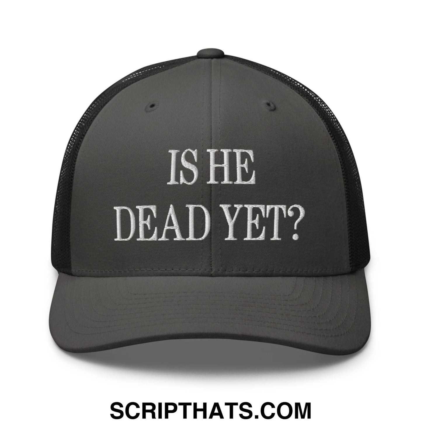 Is He Dead Yet? Embroidered Mesh Trucker Hat Charcoal Black