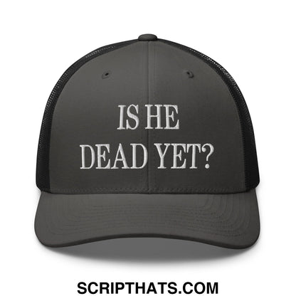 Is He Dead Yet? Embroidered Mesh Trucker Hat Charcoal Black