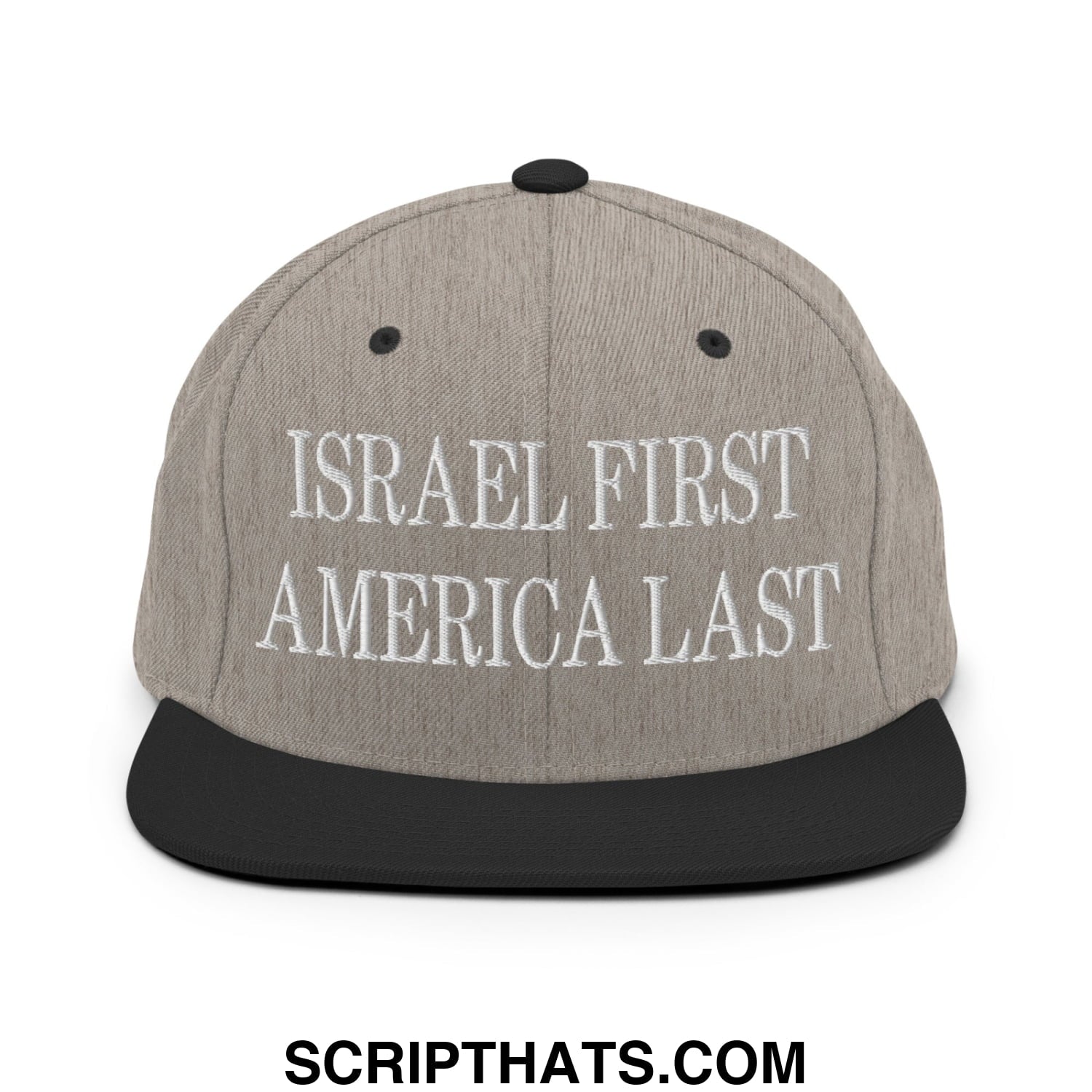 Israel First America Last Embroidered Flat Bill Brim Snapback Hat Heather Black