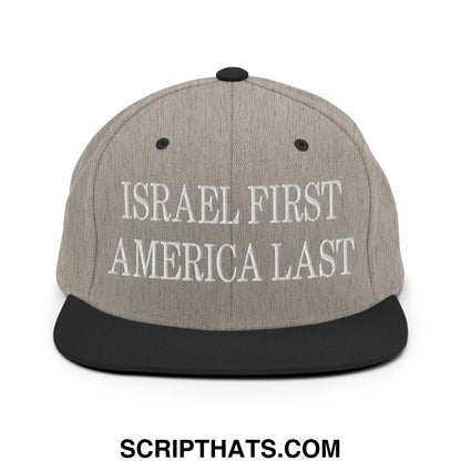 Israel First America Last Embroidered Flat Bill Brim Snapback Hat Heather Black