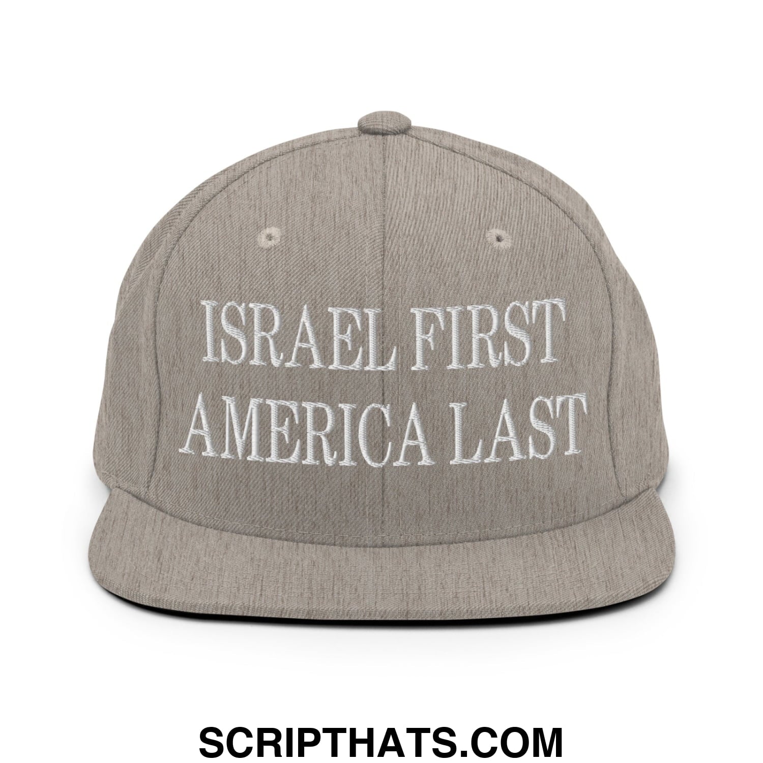 Israel First America Last Embroidered Flat Bill Brim Snapback Hat Heather Grey