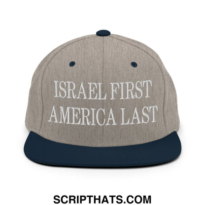 Israel First America Last Embroidered Flat Bill Brim Snapback Hat Heather Grey Navy