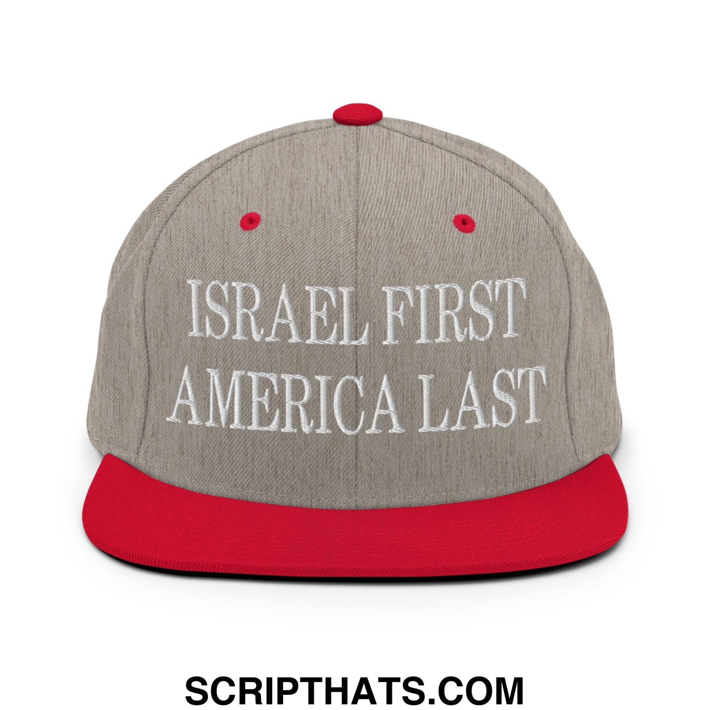 Israel First America Last Embroidered Flat Bill Brim Snapback Hat Heather Grey Red
