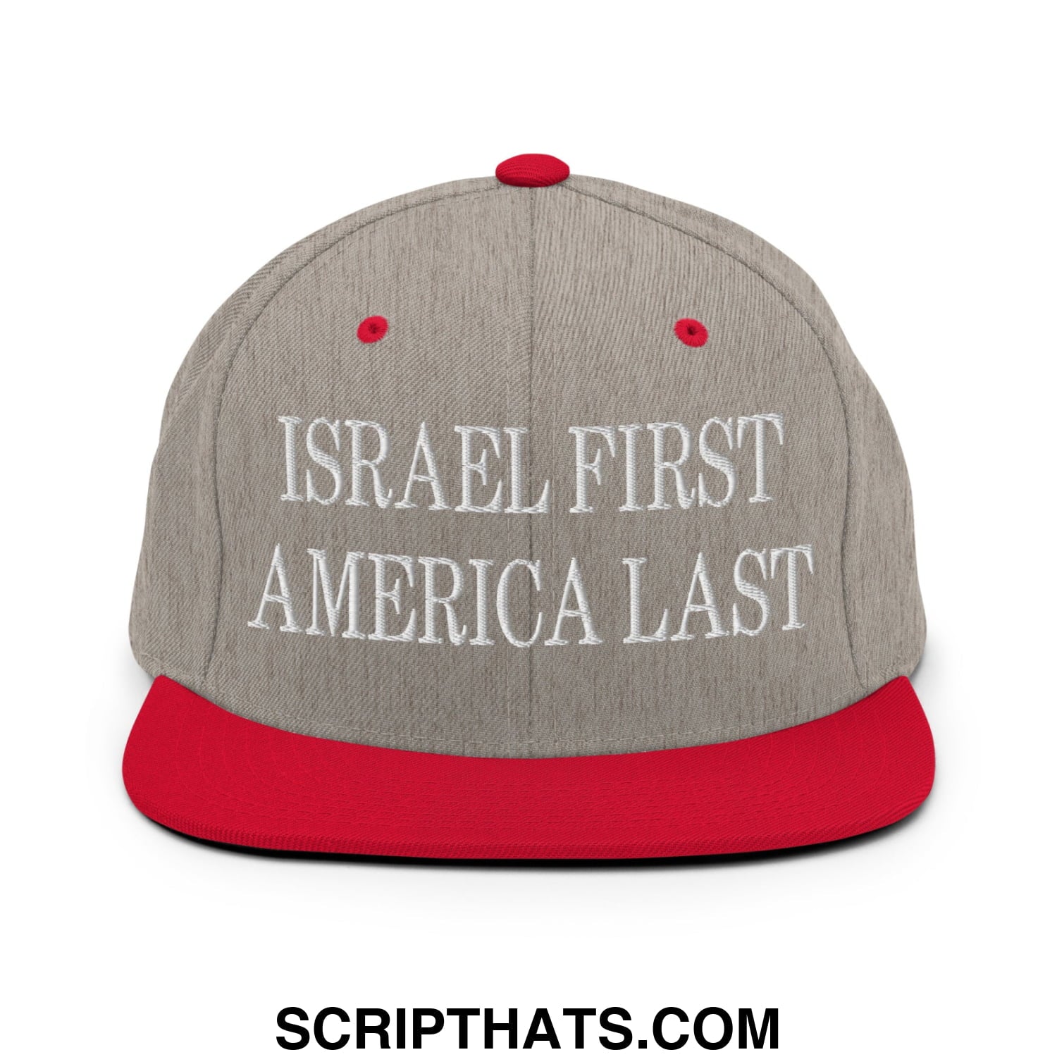 Israel First America Last Embroidered Flat Bill Brim Snapback Hat Heather Grey Red