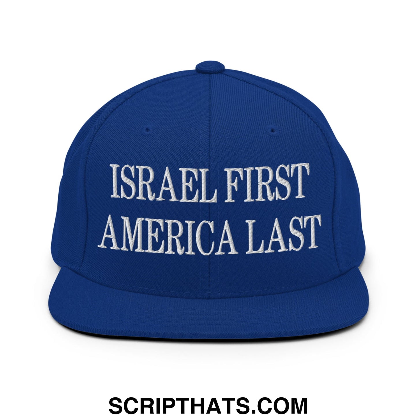 Israel First America Last Embroidered Flat Bill Brim Snapback Hat Royal Blue