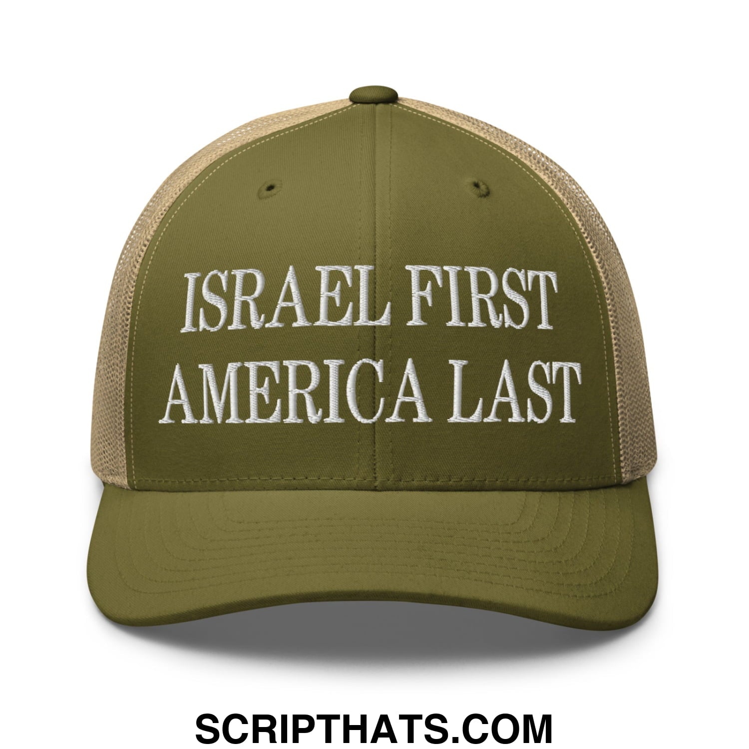 Israel First America Last Embroidered Mesh Trucker Hat Moss Khaki