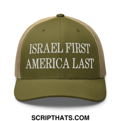 Israel First America Last Embroidered Mesh Trucker Hat Moss Khaki