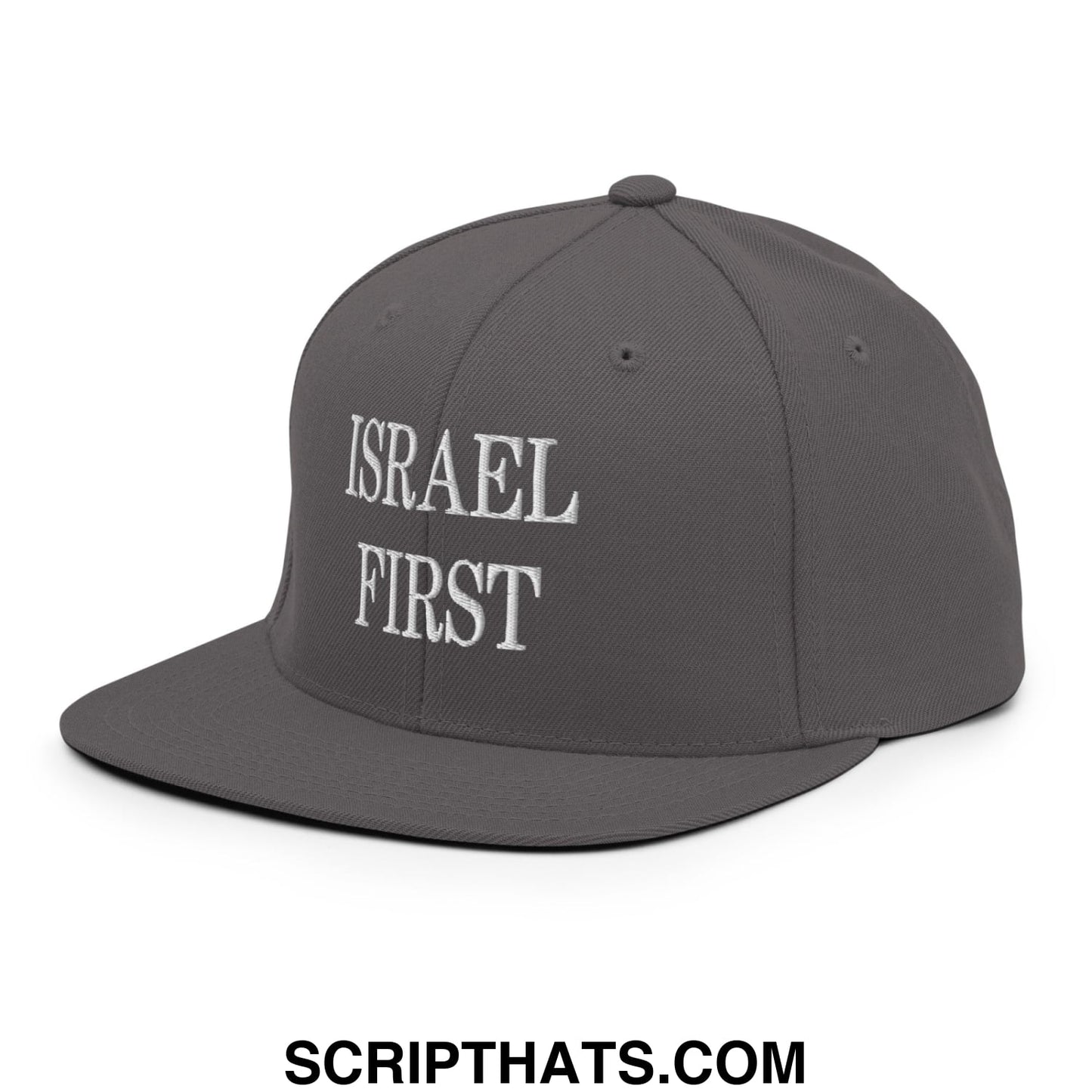 Israel First Embroidered Flat Bill Brim Snapback Hat Dark Grey