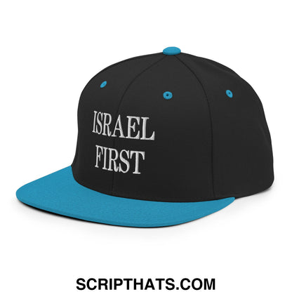Israel First Embroidered Flat Bill Brim Snapback Hat Black Teal