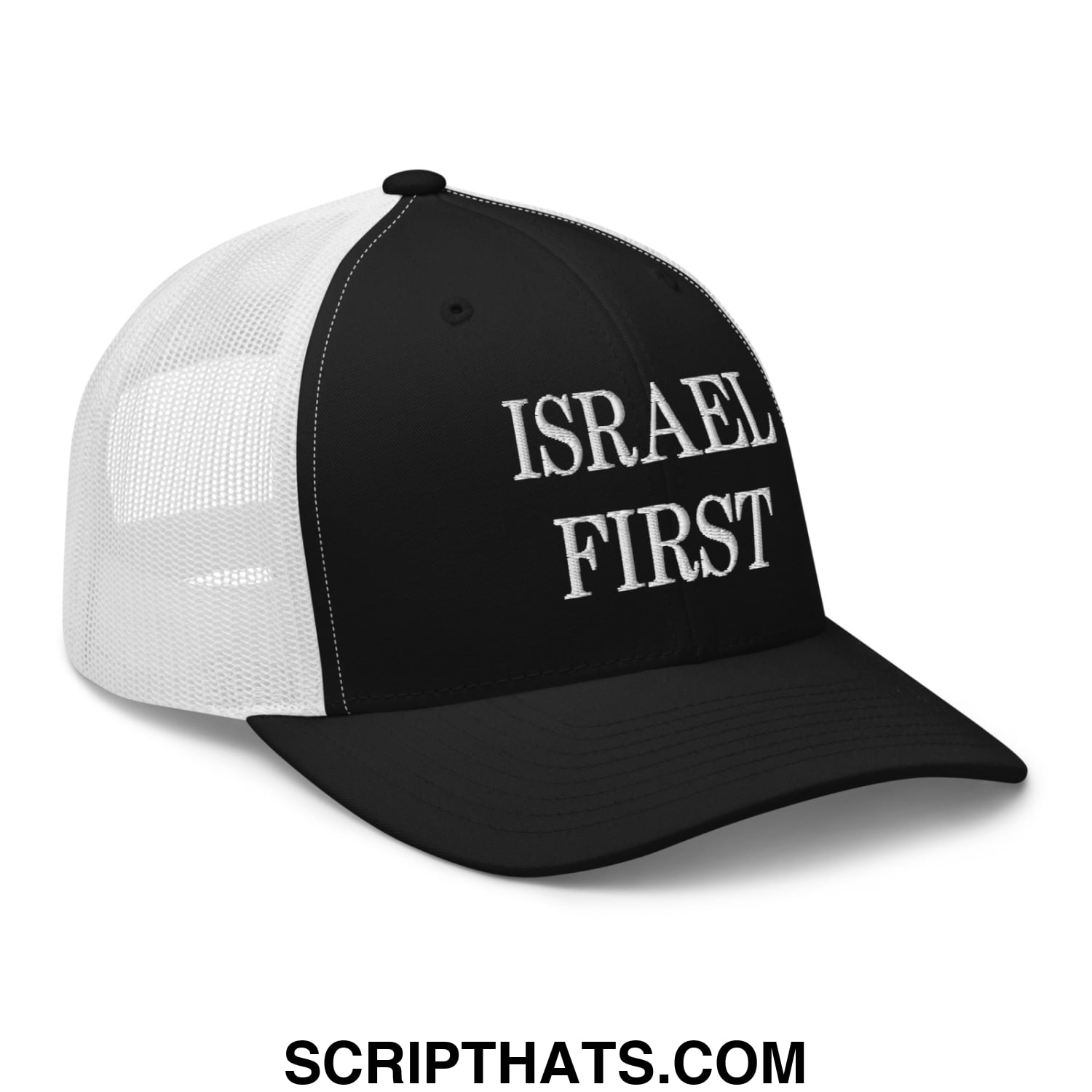 Israel First Embroidered Mesh Trucker Hat Black White