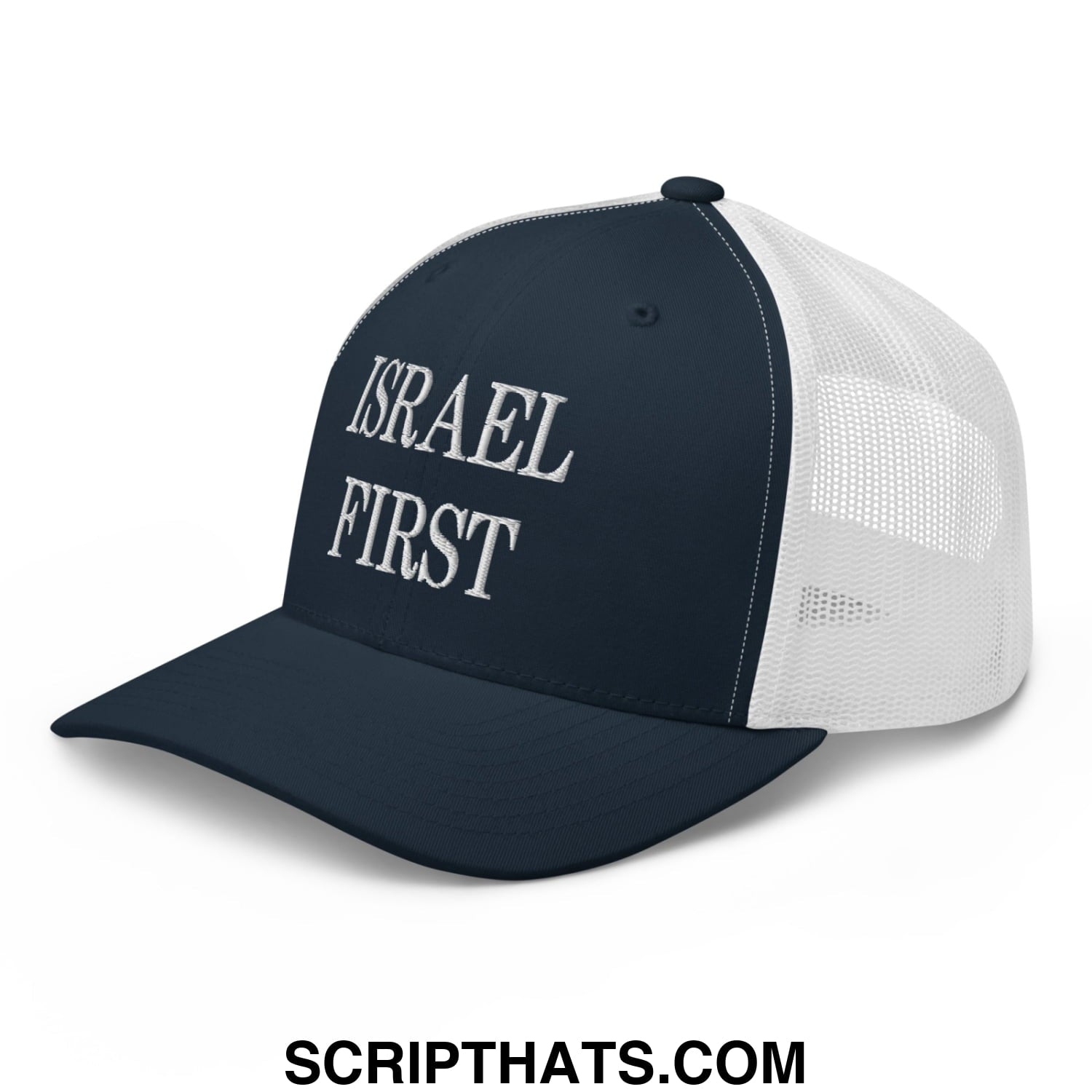 Israel First Embroidered Mesh Trucker Hat Navy White
