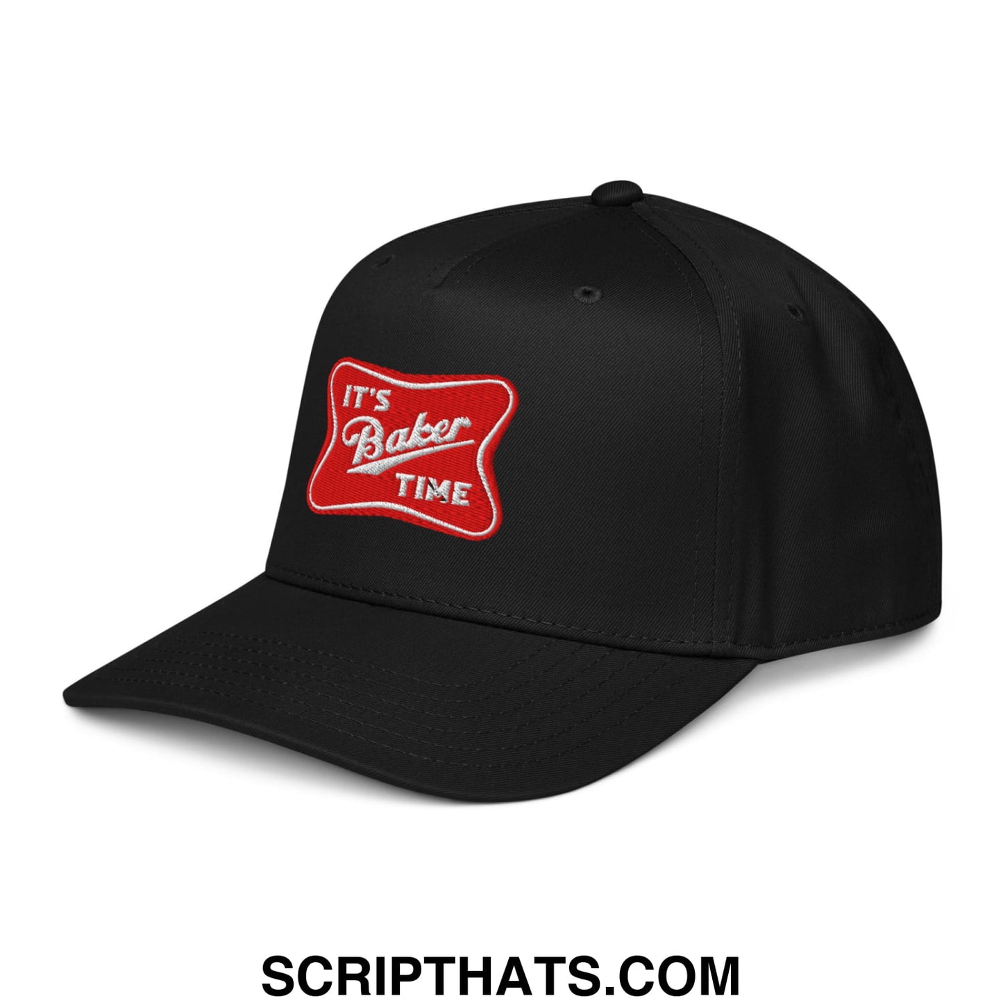 Black baseball snapback hat with red embroidered patch and white cursive text reading its baker time