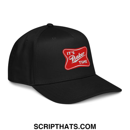 Black baseball snapback hat with red embroidered patch featuring the text it’s baker time in white script