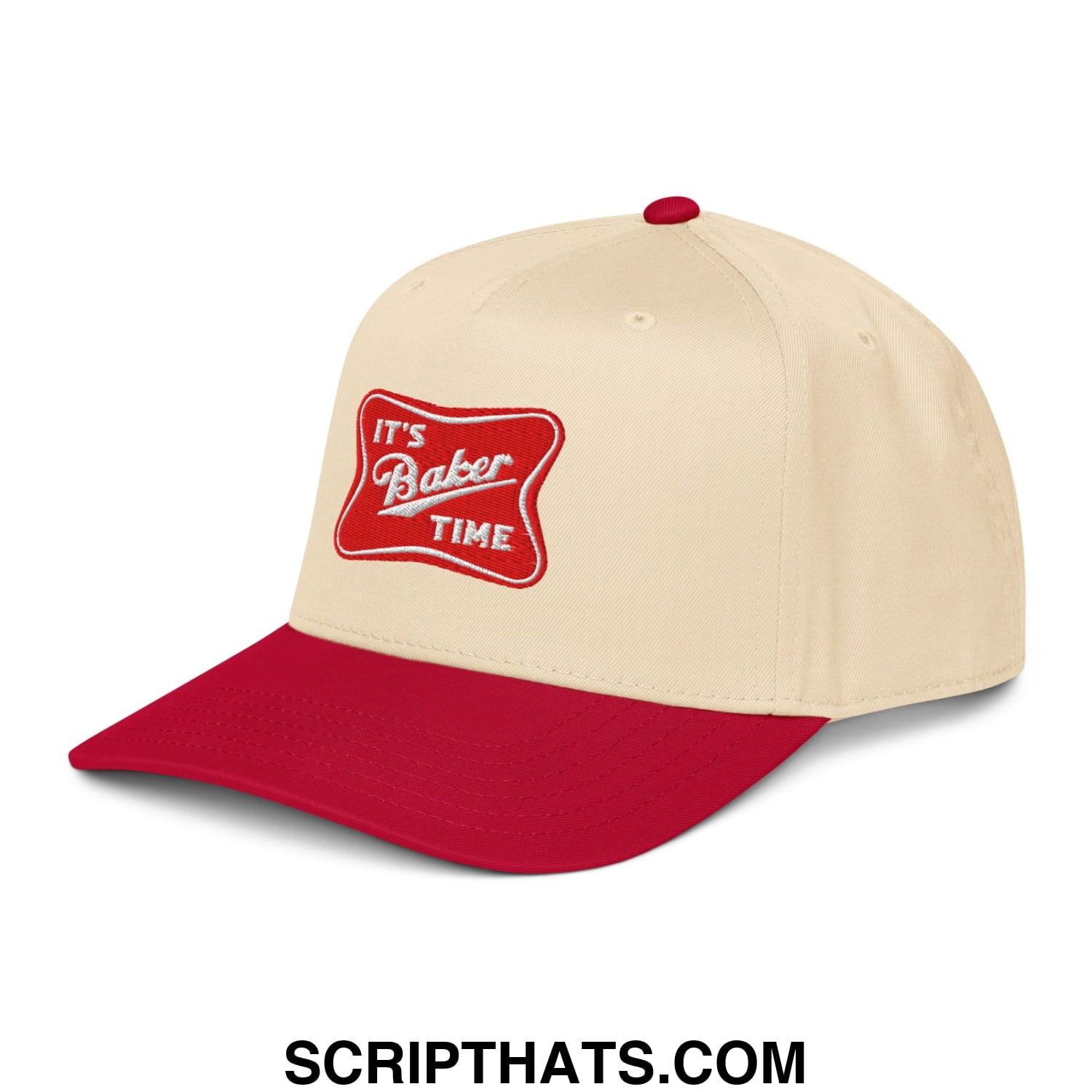 Cream and red two-tone baseball snapback hat with embroidered its baker time white script logo on red patch