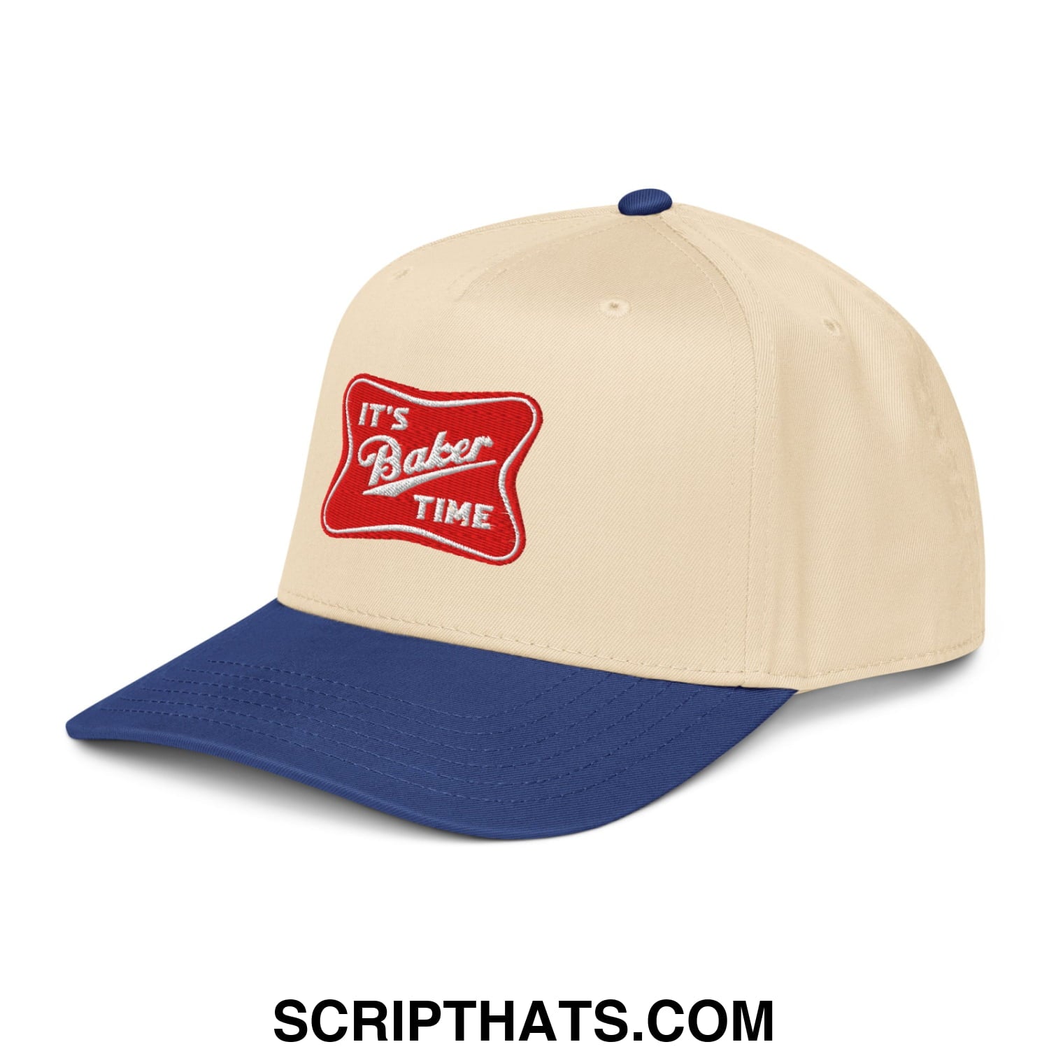Beige and navy blue baseball snapback hat with red embroidered patch reading its baker time on the front