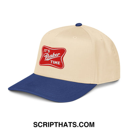 Beige and navy blue baseball snapback hat with red embroidered patch reading its baker time on the front