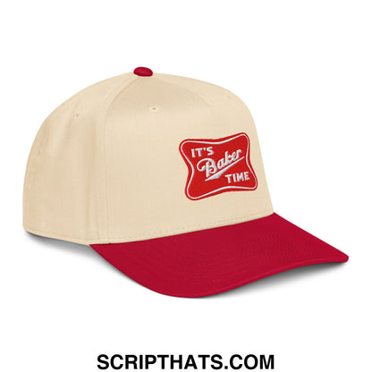 Beige and red embroidered baseball snapback hat with its baker time logo on the front for casual wear