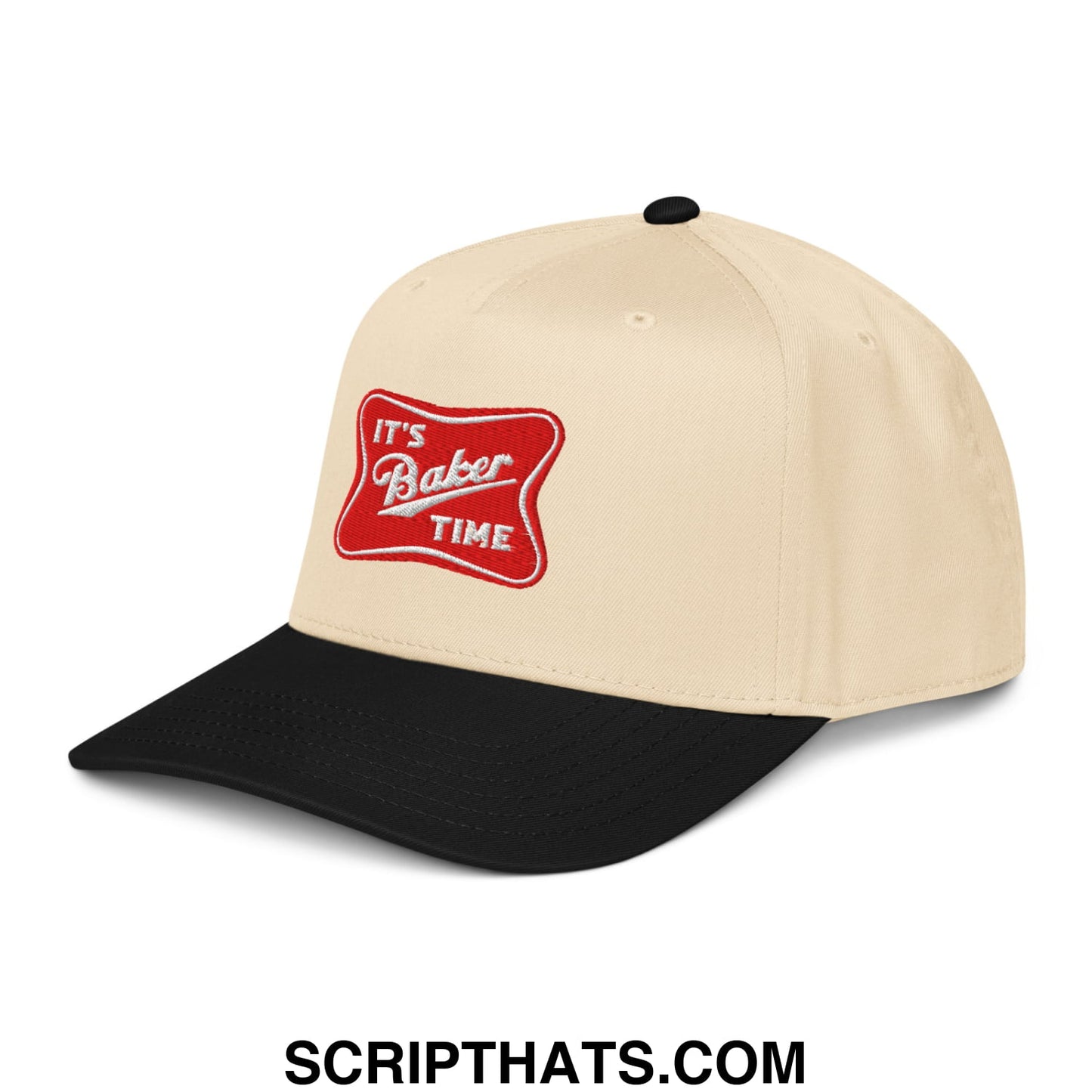 Beige and black embroidered baseball snapback hat with red patch reading its baker time in white script