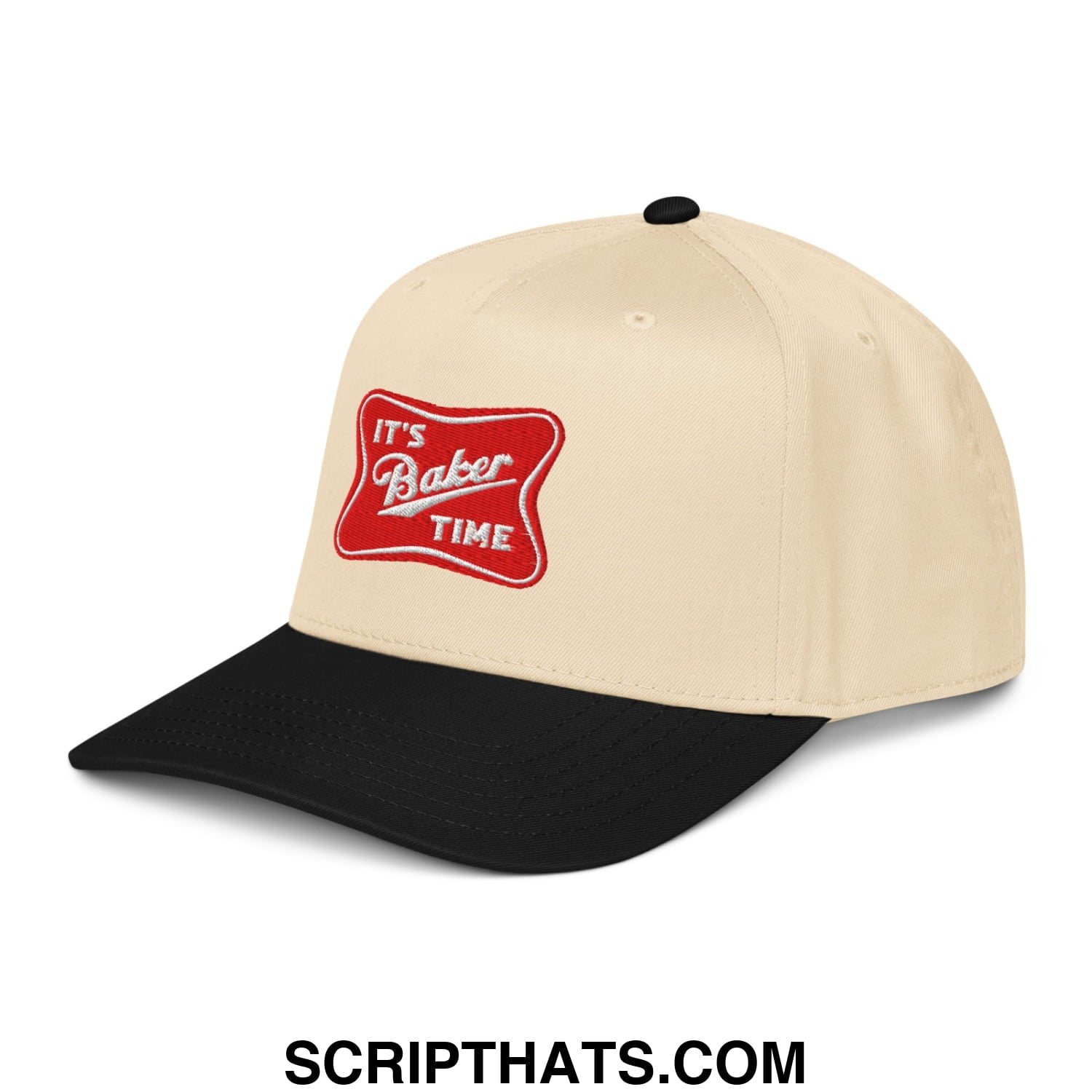 Beige and black embroidered baseball snapback hat with red patch reading its baker time in white script