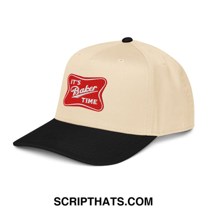Beige and black embroidered baseball snapback hat with red patch reading its baker time in white script
