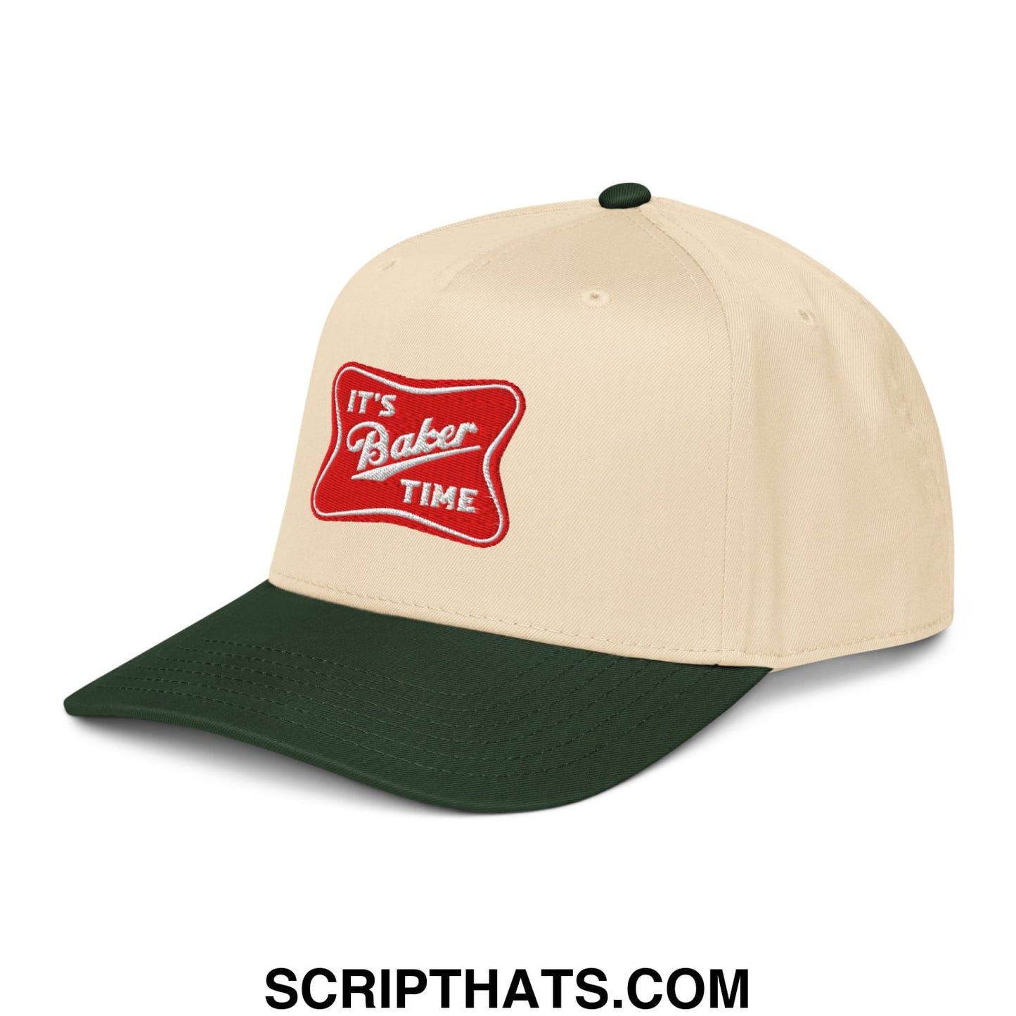 Beige and dark green two-tone baseball snapback hat with red embroidered its baker time patch