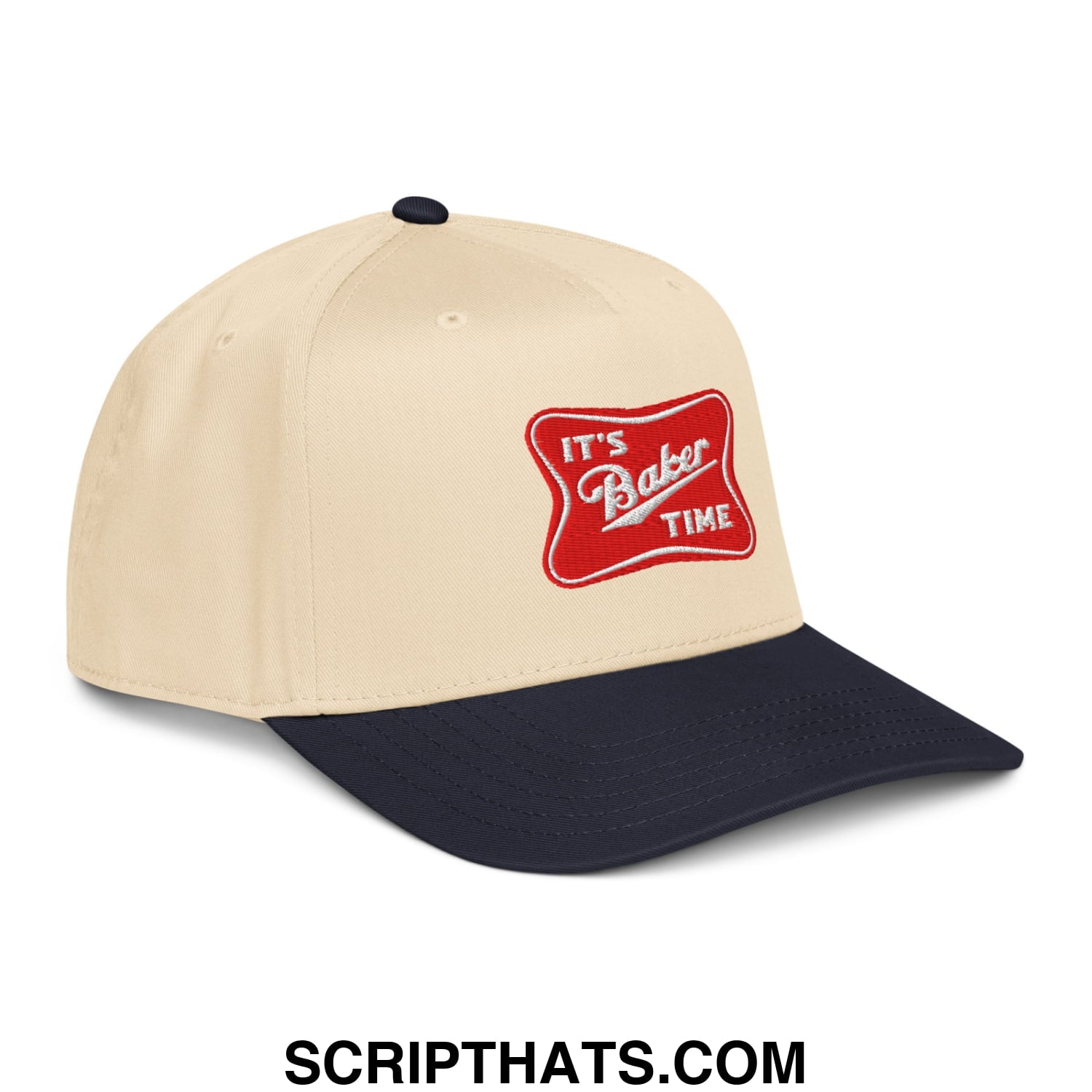 Beige and navy blue baseball snapback hat with a red embroidered patch reading its baker time in white script