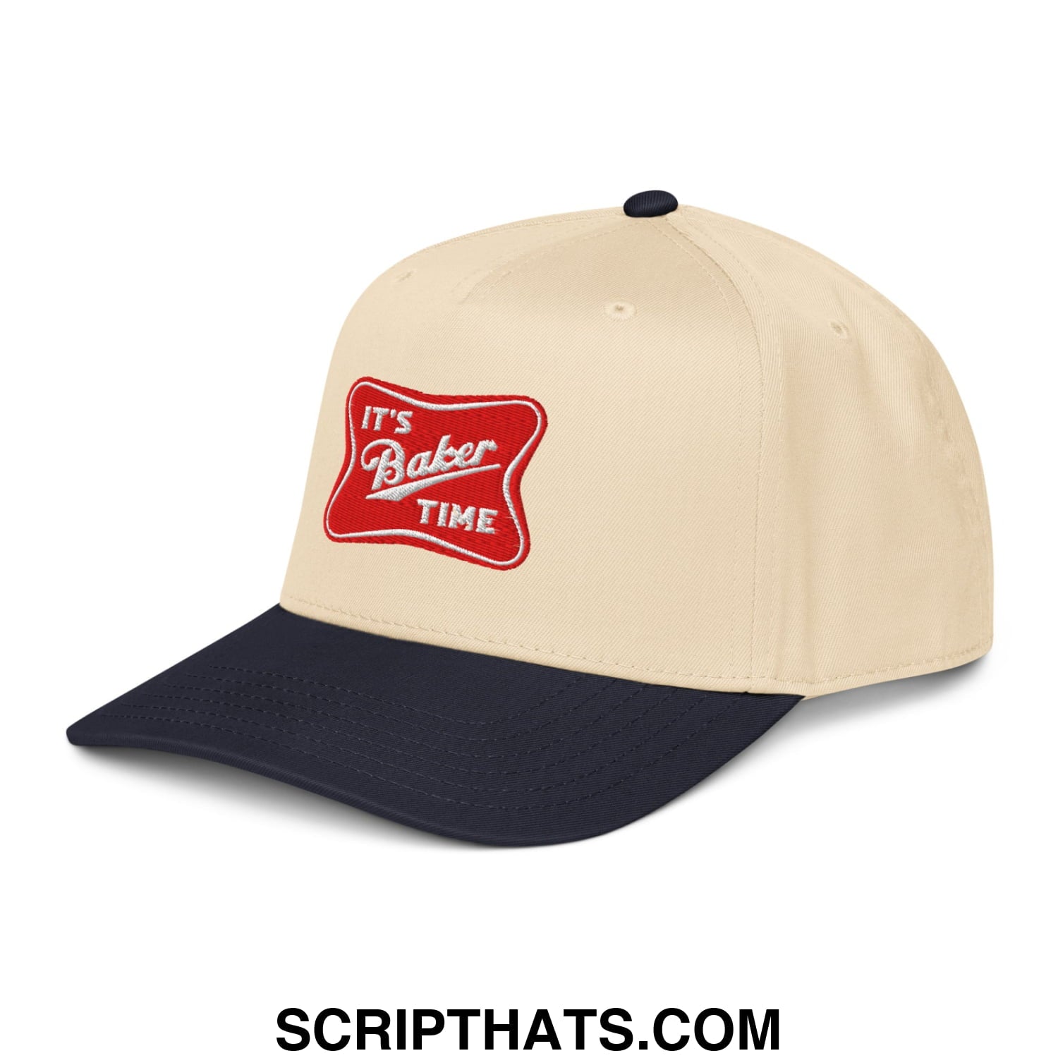 Beige and navy blue baseball snapback hat with red embroidered patch reading its baker time in white script