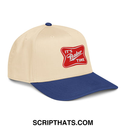 Beige and navy blue embroidered baseball snapback hat with red patch reading its baker time in white script